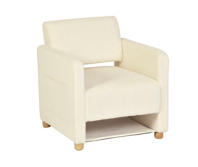 Sillón acolchado con asiento amplio y reposabrazos, en pana, patas de madera maciza, beige