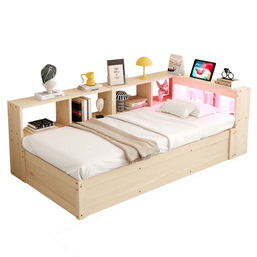 Sofá-cama 90 × 200 cm - Com tomada europeia, vários compartimentos, LED multicolorido, mecanismo hidráulico, cama multifuncional em madeira maciça - Madeira natural Sofá-cama 90 × 200 cm - Com tomada europeia, vários compartimentos, LED multicolorido, mecanismo hidráulico, cama multifuncional em madeira maciça - Madeira natural
