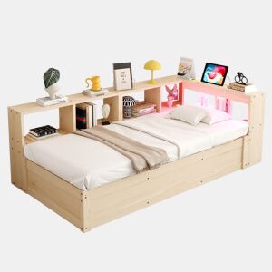 Sofá-cama 90 × 200 cm - Com tomada europeia, vários compartimentos, LED multicolorido, mecanismo hidráulico, cama multifuncional em madeira maciça - Madeira natural