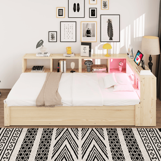 Sofá-cama 90 × 200 cm - Com tomada europeia, vários compartimentos, LED multicolorido, mecanismo hidráulico, cama multifuncional em madeira maciça - Madeira natural Sofá-cama 90 × 200 cm - Com tomada europeia, vários compartimentos, LED multicolorido, mecanismo hidráulico, cama multifuncional em madeira maciça - Madeira natural