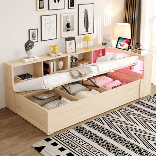 Sofá-cama 90 × 200 cm - Com tomada europeia, vários compartimentos, LED multicolorido, mecanismo hidráulico, cama multifuncional em madeira maciça - Madeira natural Sofá-cama 90 × 200 cm - Com tomada europeia, vários compartimentos, LED multicolorido, mecanismo hidráulico, cama multifuncional em madeira maciça - Madeira natural