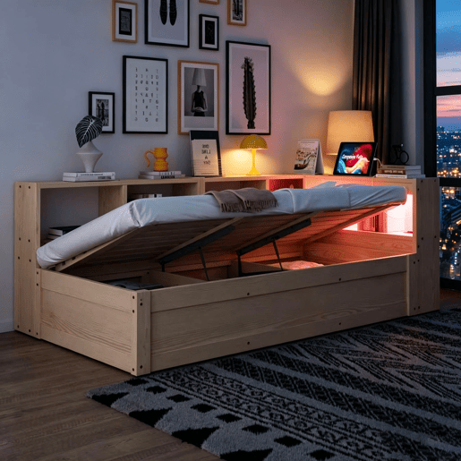 Sofá-cama 90 × 200 cm - Com tomada europeia, vários compartimentos, LED multicolorido, mecanismo hidráulico, cama multifuncional em madeira maciça - Madeira natural Sofá-cama 90 × 200 cm - Com tomada europeia, vários compartimentos, LED multicolorido, mecanismo hidráulico, cama multifuncional em madeira maciça - Madeira natural