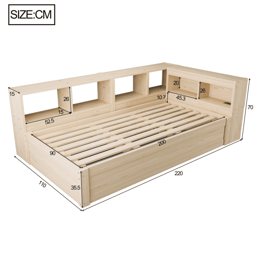 Sofá-cama 90 × 200 cm - Com tomada europeia, vários compartimentos, LED multicolorido, mecanismo hidráulico, cama multifuncional em madeira maciça - Madeira natural Sofá-cama 90 × 200 cm - Com tomada europeia, vários compartimentos, LED multicolorido, mecanismo hidráulico, cama multifuncional em madeira maciça - Madeira natural