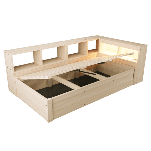 Sofá-cama 90 × 200 cm - Com tomada europeia, vários compartimentos, LED multicolorido, mecanismo hidráulico, cama multifuncional em madeira maciça - Madeira natural Sofá-cama 90 × 200 cm - Com tomada europeia, vários compartimentos, LED multicolorido, mecanismo hidráulico, cama multifuncional em madeira maciça - Madeira natural