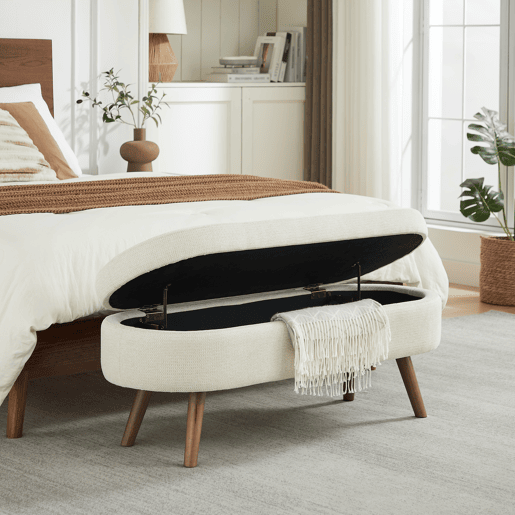 Banco com arrumação de 110 cm - banco moderno com arrumação estofado em chenille, ideal para trocar de sapatos, para o quarto, a entrada e a sala - Bege