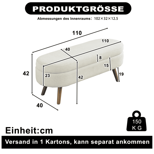 Banco com arrumação de 110 cm - banco moderno com arrumação estofado em chenille, ideal para trocar de sapatos, para o quarto, a entrada e a sala - Bege