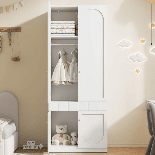 Roupeiro de 2 portas 80×50×200 cm - lacado, barra para pendurar roupa, gavetas, puxadores metálicos, mobiliário de quarto - branco