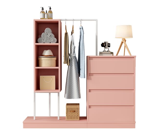 Armario con cajones 140x40x135 cm - con barra para ropa, estilo sideboard - rosa