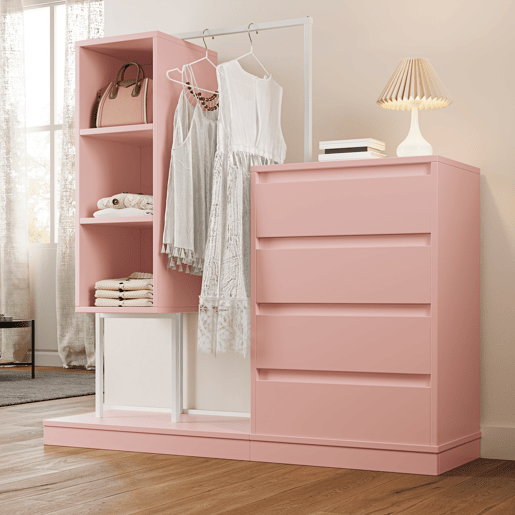 Armário com gavetas 140x40x135 cm - Com barra para roupa, estilo aparador - Rosa