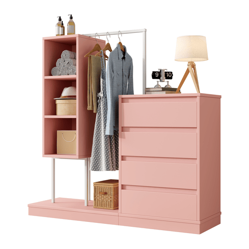 Armário com gavetas 140x40x135 cm - Com barra para roupa, estilo aparador - Rosa