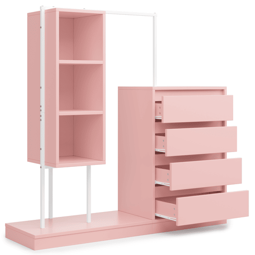 Armário com gavetas 140x40x135 cm - Com barra para roupa, estilo aparador - Rosa
