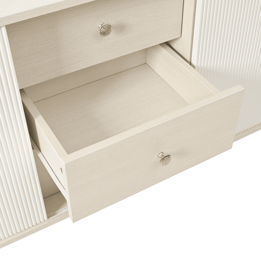Aparador de Sala de Estar Jantar Móvel Auxiliar com 2 Portas de Correr Ripadas e 3 Gavetas Armário de Arrumação com Prateleiras Ajustáveis e Pés de Madeira Branco