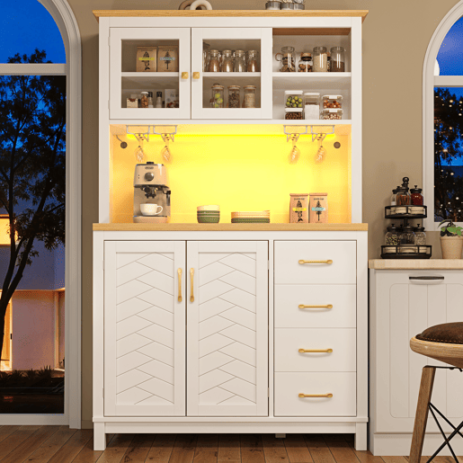 Aparador de Cozinha Estilo Rústico com LED e Suporte para Copos Aparador de Cozinha Estilo Rústico com LED e Suporte para Copos