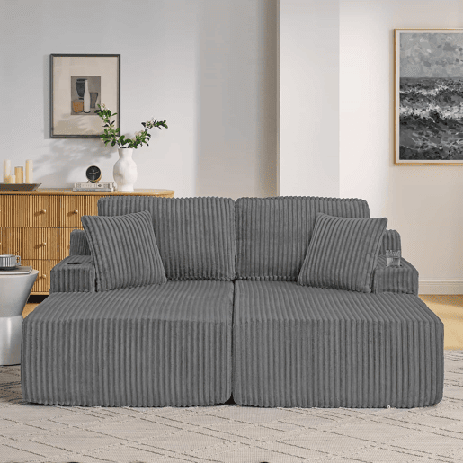 Sofá-cama relax de 2 lugares - tecido de veludo cotelê macio, bolso lateral para revistas, porta-copos, almofadas, design lounge multifuncional - cinzento