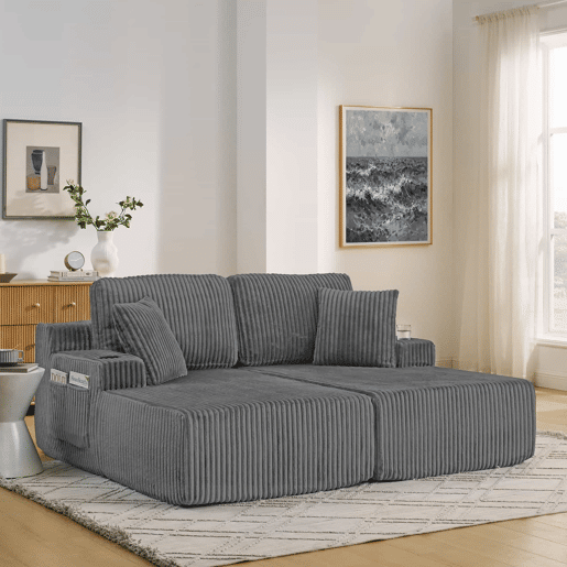 Sofá-cama relax de 2 lugares - tecido de veludo cotelê macio, bolso lateral para revistas, porta-copos, almofadas, design lounge multifuncional - cinzento