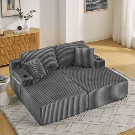 Sofá-cama relax de 2 lugares - tecido de veludo cotelê macio, bolso lateral para revistas, porta-copos, almofadas, design lounge multifuncional - cinzento