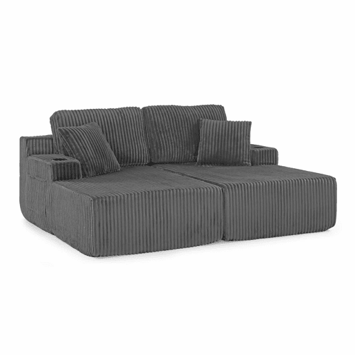 Sofá-cama relax de 2 lugares - tecido de veludo cotelê macio, bolso lateral para revistas, porta-copos, almofadas, design lounge multifuncional - cinzento