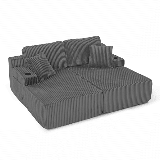 Sofá-cama relax de 2 lugares - tecido de veludo cotelê macio, bolso lateral para revistas, porta-copos, almofadas, design lounge multifuncional - cinzento