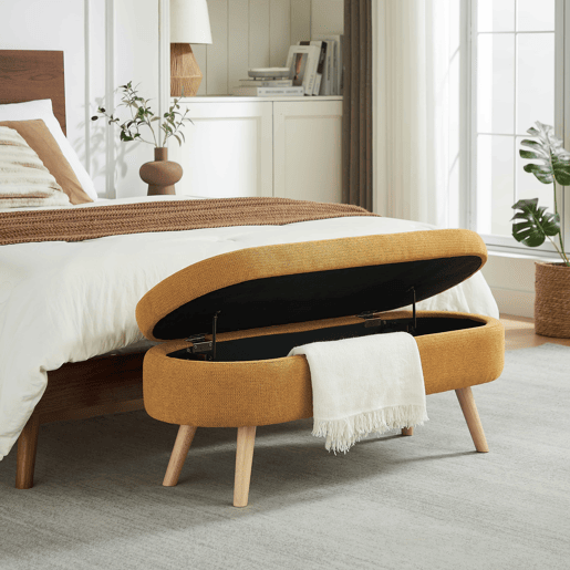 Banco com arrumação de 110 cm - moderno, com estofo em chenille e espaço de arrumação - Amarelo Banco com arrumação de 110 cm - moderno, com estofo em chenille e espaço de arrumação - Amarelo