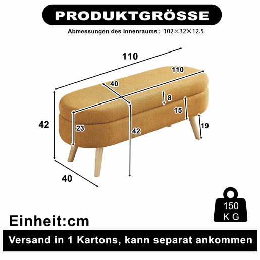 Banco com arrumação de 110 cm - moderno, com estofo em chenille e espaço de arrumação - Amarelo Banco com arrumação de 110 cm - moderno, com estofo em chenille e espaço de arrumação - Amarelo
