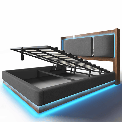 Cama de casal estofada 180x200 - com base de colchão, LED e baú hidráulico - cinzenta e nogueira Cama de casal estofada 180x200 - com base de colchão, LED e baú hidráulico - cinzenta e nogueira