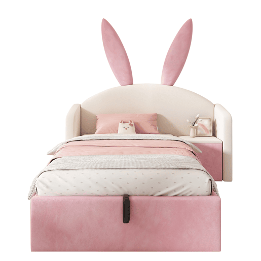 Cama juvenil 90x200 cm - Similpelle com arrumação hidráulica, mesinha e design com orelhas de coelho - Bege e Rosa Cama juvenil 90x200 cm - Similpelle com arrumação hidráulica, mesinha e design com orelhas de coelho - Bege e Rosa