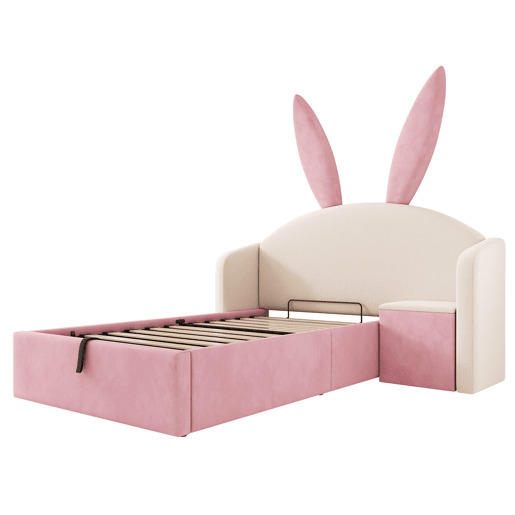 Cama juvenil 90x200 cm - Similpelle com arrumação hidráulica, mesinha e design com orelhas de coelho - Bege e Rosa Cama juvenil 90x200 cm - Similpelle com arrumação hidráulica, mesinha e design com orelhas de coelho - Bege e Rosa