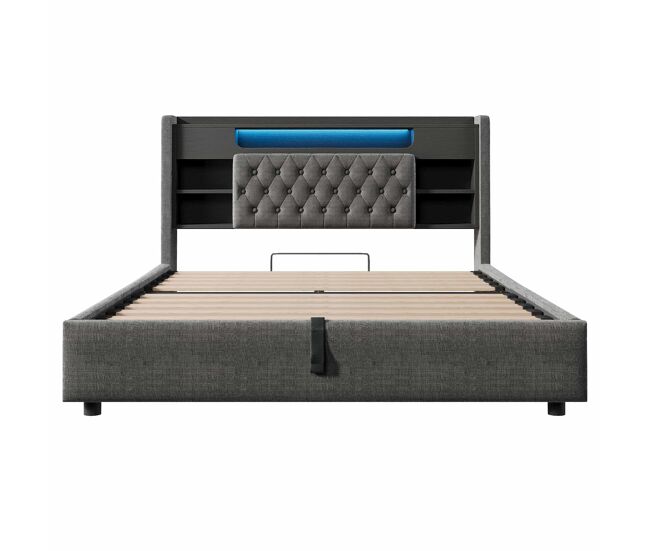 Cama tapizada 140x190 cm - arcón hidráulico, iluminación led, carga usb/type-c, cabecero con estante y almacenamiento - gris