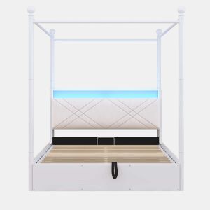 Cama de casal em ferro forjado 140 x 190 cm - arrumação com elevação hidráulica, dossel em ferro forjado, colunas desmontáveis com LED e USBType-C, cama para adultos e jovens - branco