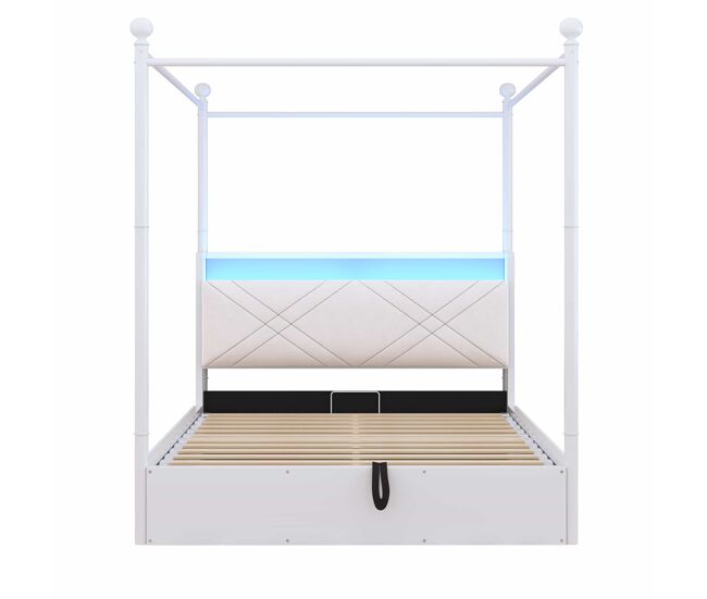 Cama doble de hierro forjado 140x190 cm - almacenamiento elevable hidráulico, dosel de hierro forjado, postes desmontables con led y usb/type-c, cama