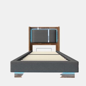 Cama juvenil estofada 90x200 - com LED, baú e base de colchão, sistema hidráulico - cinzenta e nogueira