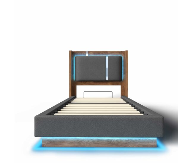 Cama juvenil tapizada 90x200 - con led, canapé y somier, hidráulica - gris y nogal