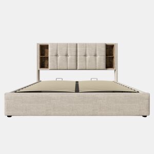 Cama de casal 180 x 200 cm - Cama estofada com carregamento sem fios USB-C, espaço de arrumação e base de madeira - Natural