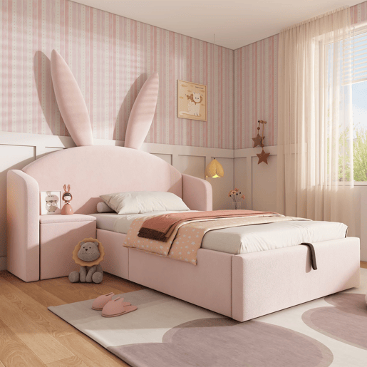 Cama infantil 90x190 cm - Cama estofada com arrumação e mesinha, design com orelhas de coelho, veludo - Rosa Cama infantil 90x190 cm - Cama estofada com arrumação e mesinha, design com orelhas de coelho, veludo - Rosa