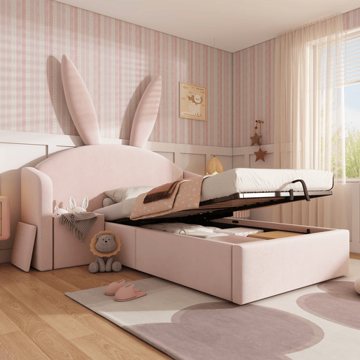 Cama infantil 90x190 cm - Cama estofada com arrumação e mesinha, design com orelhas de coelho, veludo - Rosa Cama infantil 90x190 cm - Cama estofada com arrumação e mesinha, design com orelhas de coelho, veludo - Rosa