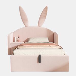 Cama estofada 90x200 cm - design com orelhas de coelho, com gaveta de arrumação e mesinha - rosa