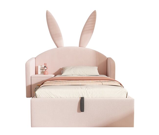 Cama tapizada 90x200 cm - diseño orejas de conejo, con cajón de almacenamiento y mesita - rosa