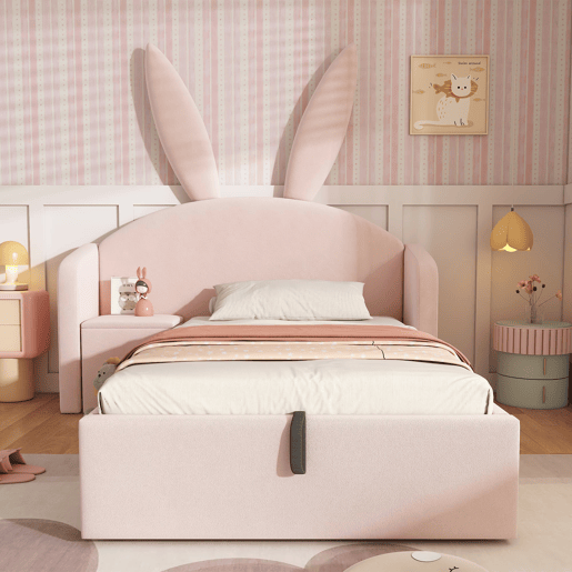 Cama estofada 90x200 cm - design com orelhas de coelho, com gaveta de arrumação e mesinha - rosa