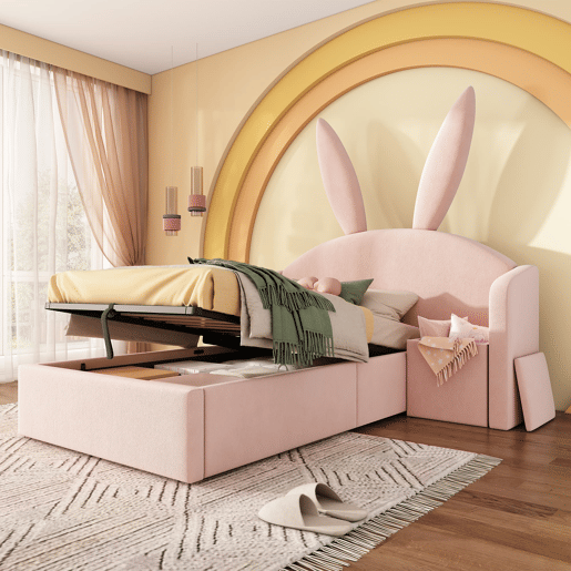 Cama estofada 90x200 cm - design com orelhas de coelho, com gaveta de arrumação e mesinha - rosa