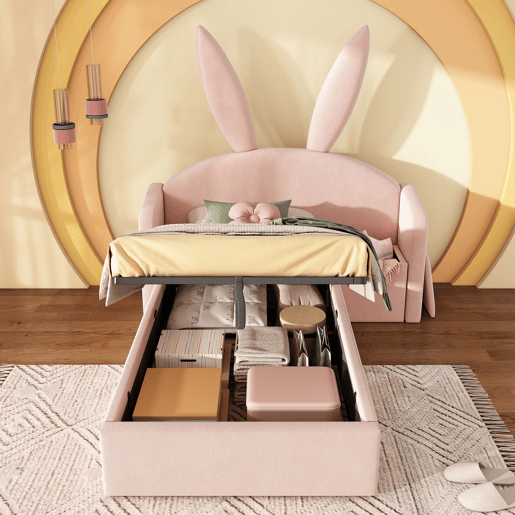Cama estofada 90x200 cm - design com orelhas de coelho, com gaveta de arrumação e mesinha - rosa