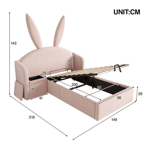 Cama estofada 90x200 cm - design com orelhas de coelho, com gaveta de arrumação e mesinha - rosa