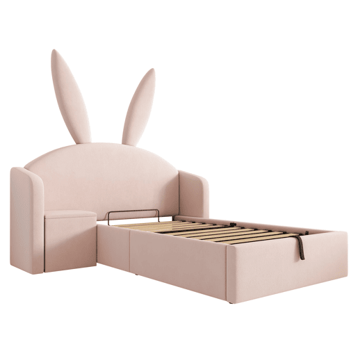 Cama estofada 90x200 cm - design com orelhas de coelho, com gaveta de arrumação e mesinha - rosa