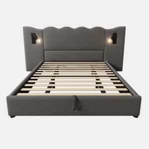 Cama de casal estofada 180x200 - candeeiro de leitura, porta USB-C, cama com arrumação, base em madeira maciça e metal, linho - cinzento