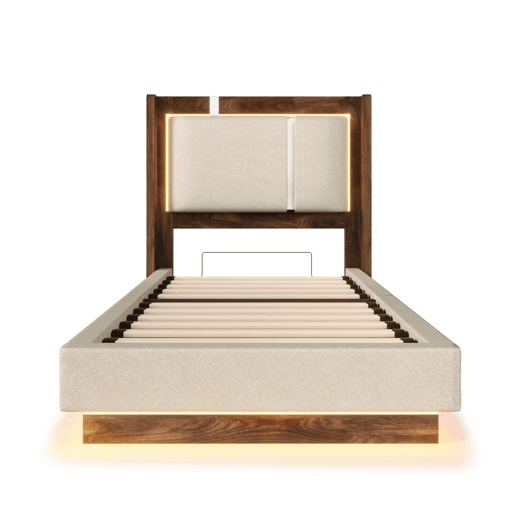 Cama juvenil estofada 90x200 - com base de colchão, LED, baú de arrumação, sistema hidráulico, linho, sem colchão - Bege e nogueira Cama juvenil estofada 90x200 - com base de colchão, LED, baú de arrumação, sistema hidráulico, linho, sem colchão - Bege e nogueira