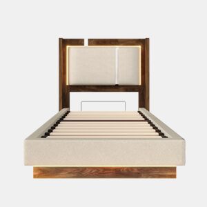 Cama juvenil estofada 90x200 - com base de colchão, LED, baú de arrumação, sistema hidráulico, linho, sem colchão - Bege e nogueira