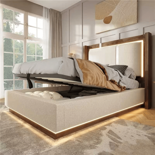 Cama juvenil estofada 90x200 - com base de colchão, LED, baú de arrumação, sistema hidráulico, linho, sem colchão - Bege e nogueira Cama juvenil estofada 90x200 - com base de colchão, LED, baú de arrumação, sistema hidráulico, linho, sem colchão - Bege e nogueira