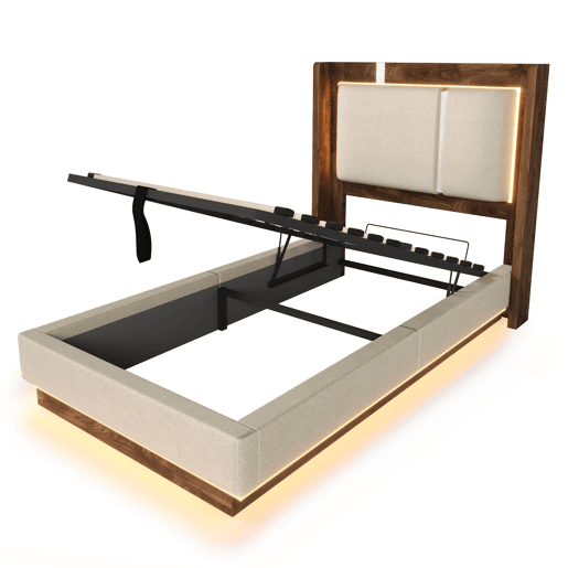Cama juvenil estofada 90x200 - com base de colchão, LED, baú de arrumação, sistema hidráulico, linho, sem colchão - Bege e nogueira Cama juvenil estofada 90x200 - com base de colchão, LED, baú de arrumação, sistema hidráulico, linho, sem colchão - Bege e nogueira