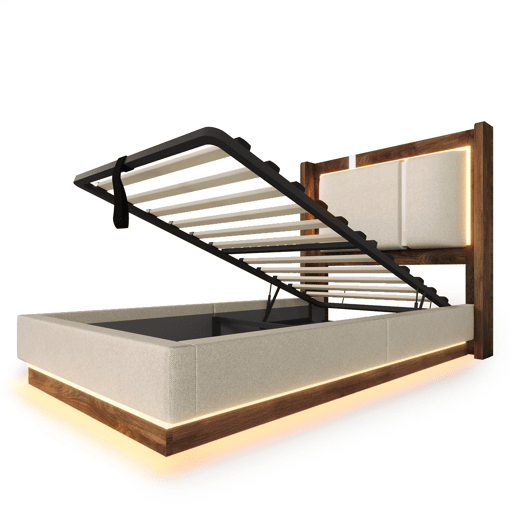Cama juvenil estofada 90x200 - com base de colchão, LED, baú de arrumação, sistema hidráulico, linho, sem colchão - Bege e nogueira Cama juvenil estofada 90x200 - com base de colchão, LED, baú de arrumação, sistema hidráulico, linho, sem colchão - Bege e nogueira