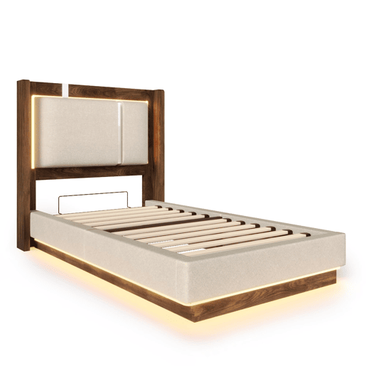 Cama juvenil estofada 90x200 - com base de colchão, LED, baú de arrumação, sistema hidráulico, linho, sem colchão - Bege e nogueira Cama juvenil estofada 90x200 - com base de colchão, LED, baú de arrumação, sistema hidráulico, linho, sem colchão - Bege e nogueira