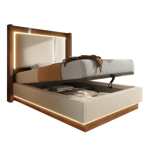 Cama juvenil estofada 90x200 - com base de colchão, LED, baú de arrumação, sistema hidráulico, linho, sem colchão - Bege e nogueira Cama juvenil estofada 90x200 - com base de colchão, LED, baú de arrumação, sistema hidráulico, linho, sem colchão - Bege e nogueira